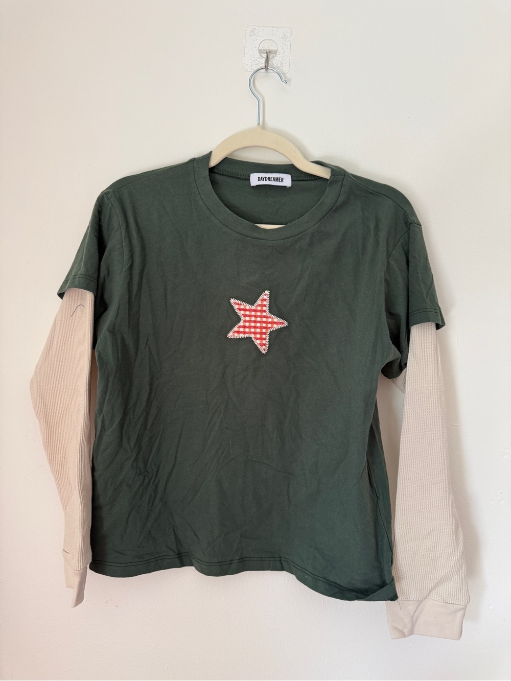 Daydreamer Layered-Look Long Sleeve Tee — Forest Green, Cream & Red Star